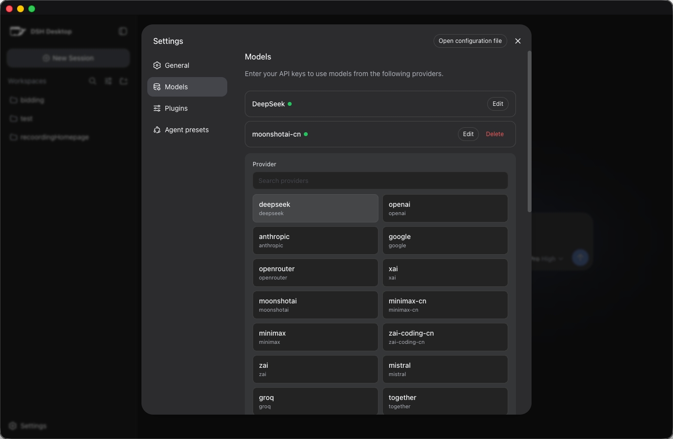 DSH Desktop model provider settings